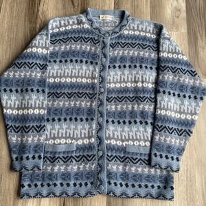 Alpaca Fina Women's Blue‎ Button Front Cardigan Sweater Art to Wear Alpaca Llama